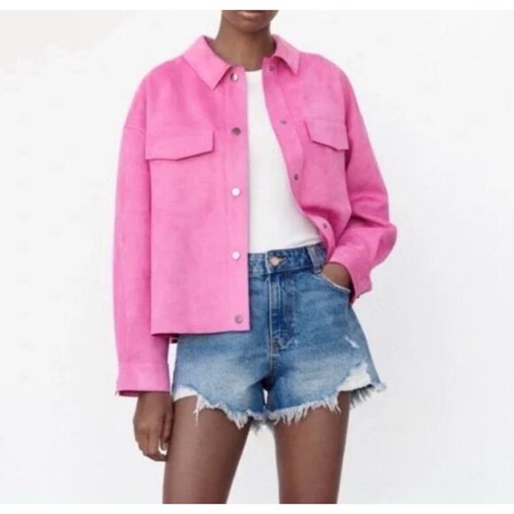 Zara Basic Jacket Women's XS Pink Faux Suede Long Sleeve Snap Front Barbie Biker - Picture 2 of 13